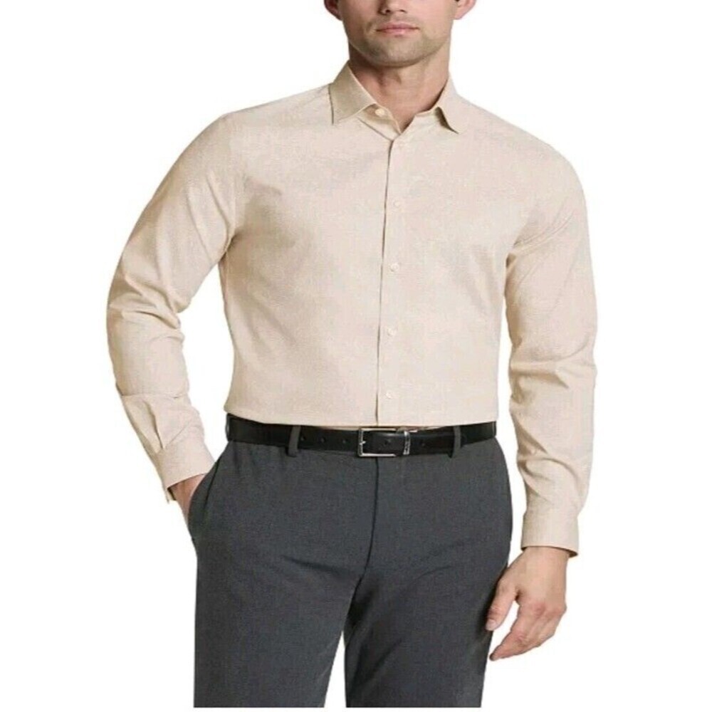 Michael Kords Men's  Slim Fit Dress Shirt Beige Formal  Size L
